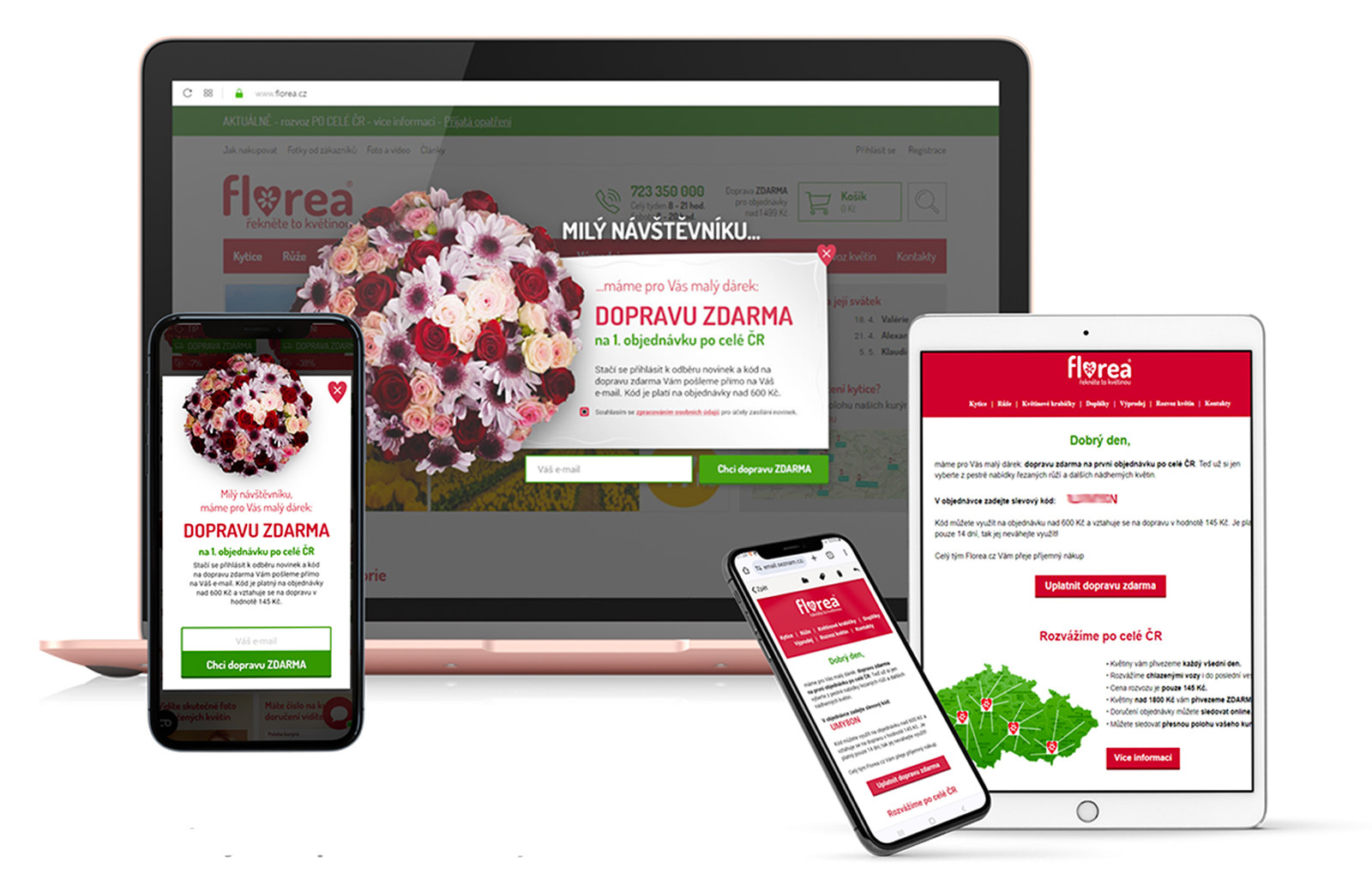 Akviziční pop-up Florea.cz s nabídkou dopravy zdarma na notebooku i mobilu a navazující uvítací e-mail se slevovým kódem na tabletu a telefonu.